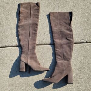 TAUPE SUEDE Leather Over the Knee Block Heel Boots Sz 38 TopShop Thigh High